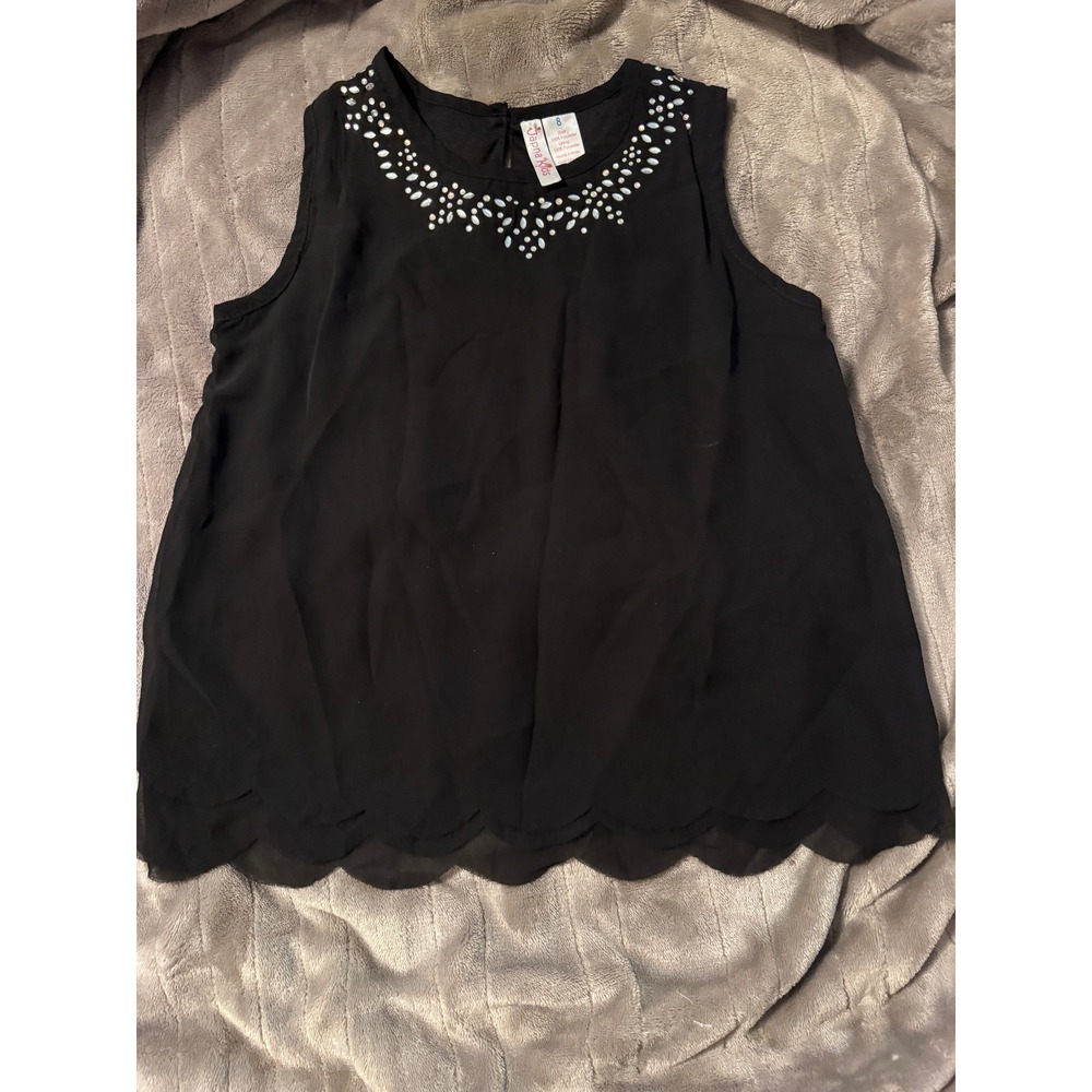 Japna Kids Girls Black Sleeveless Rhinestone Neck Scalloped Hem‎ Blouse Size 8